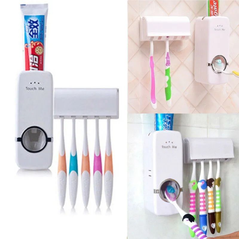 Toothpaste Dispenser With 5 Brush Holder Wall Mounted